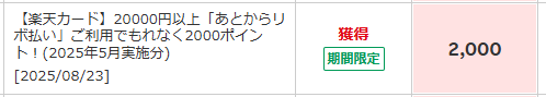 楽天カード「あとからリボ払い」2,000pt